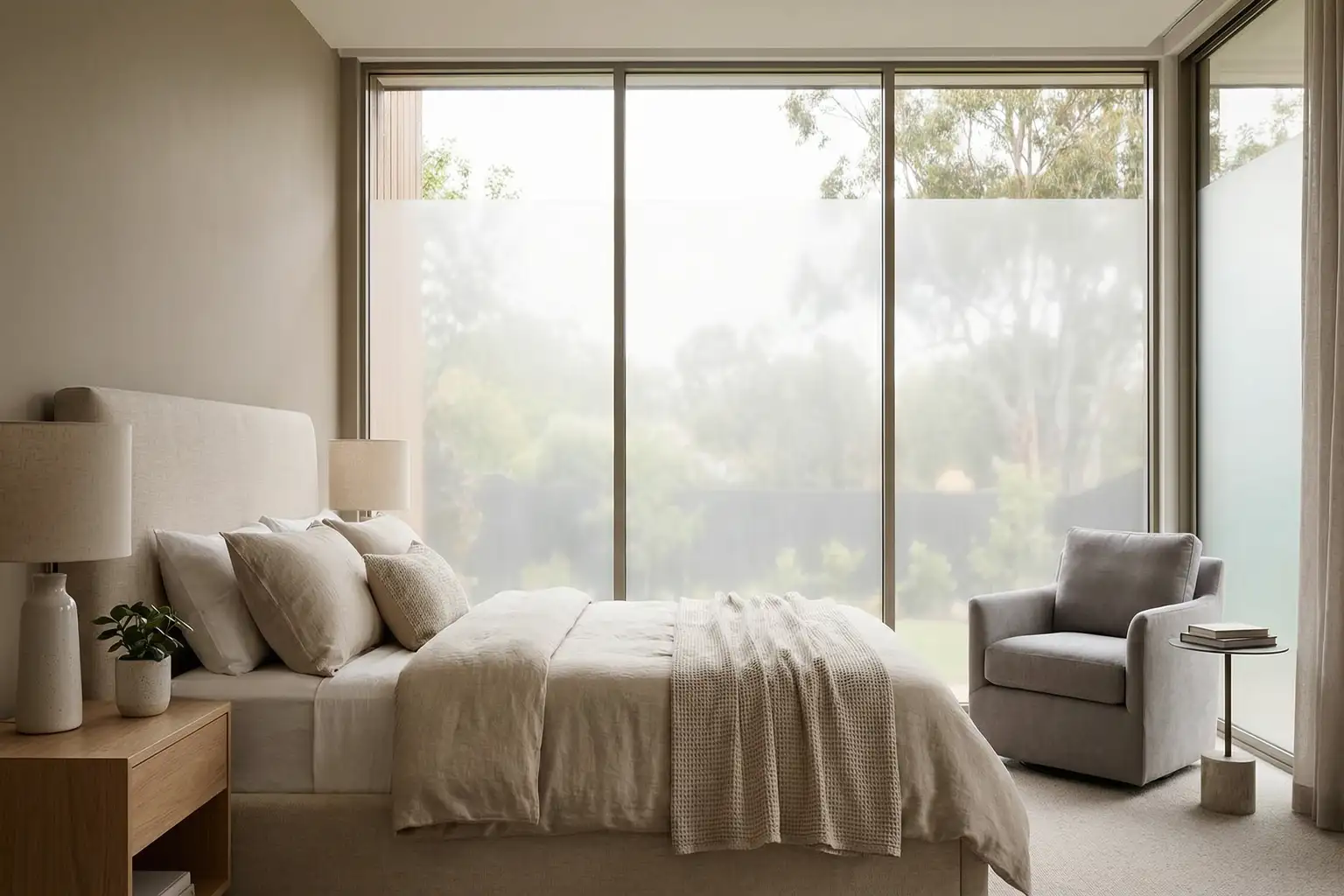 Bodentiefe Fenster ohne Sichtschutz im Schlafzimmer-Beitragsbild