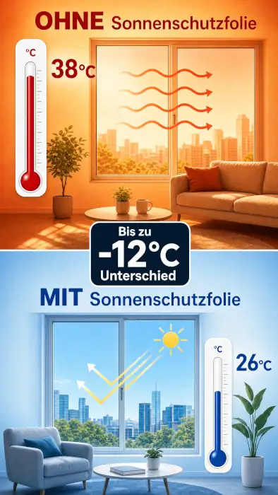 Sonnenschutzfolie Temperaturvergleich Test – bis zu 12 Grad kühler am Fensterglas